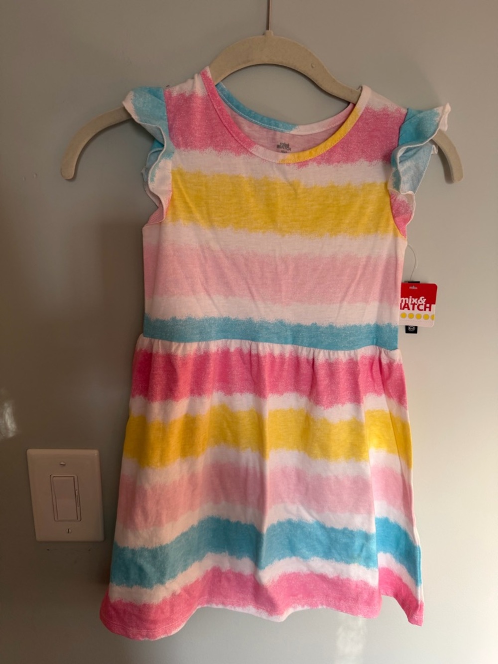 Kids' Rainbow Stripe Flutter Sleeve Dress - Pink/Yellow/Blue size 6 NWT 28.00